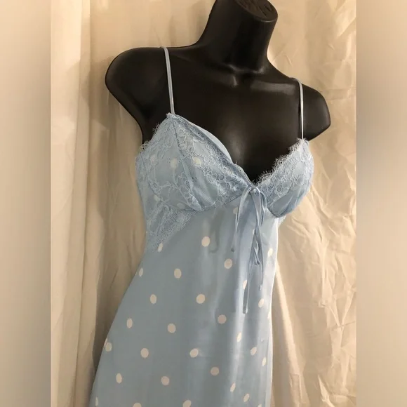 Jessica Simpson blue white polka dot lace cups satin effect maxi dress size M - Picture 4 of 17